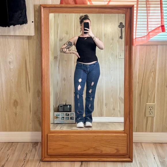 Vintage Small Cutout Low Waist Stretch Flare Denim Blue Jeans - Picture 3 of 7